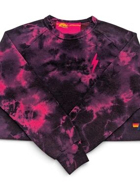 Aviator Nation Purple Tie-Dye Crop Sweatshirt Stitched Lightning Bolt Medium